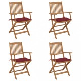 Set 4 Scaune Gradina Pliabile Lemn Acacia, Perne Rosu Vin. Exterior, Terasa, Balcon. Robust, Confortabil