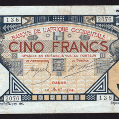 Africa Occidentala 5 Francs s136 2076 1924 P#5Bb