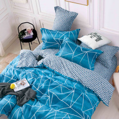 Lenjerie de pat pentru o persoana cu husa elastic pat si fata perna dreptunghiulara, Calydon, bumbac mercerizat, multicolor