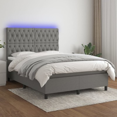 vidaXL Pat cu arcuri, saltea și LED, gri &amp;icirc;nchis, 140x190 cm, textil 3135110 foto