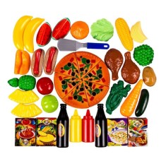 Set joaca supermarket, fructe si legume, sosuri, alimente si ustensile de bucatarie, multicolor, 3 ani +