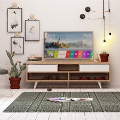 Comoda TV Glasgow cu 2 usi si rafturi, Alb, 140 x 52 x 32 cm foto