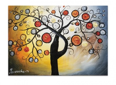 Tablou pictat manual living, dormitor, Copacul vietii 2, bucurie, 70x50cm ulei pe panza in relief cu efect 3D foto