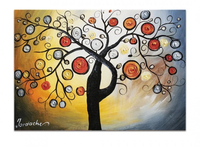 Tablou pictat manual living, dormitor, Copacul vietii 2, bucurie, 70x50cm ulei pe panza in relief cu efect 3D