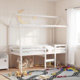 vidaXL Pat &icirc;nalt cu acoperiș, alb, 90x200 cm, lemn masiv de pin