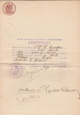 1913 Certificat Curtea de Apel - coala fiscala cu timbru fix 2 Lei brun si sec foto