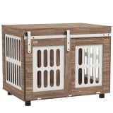 PawHut Meuble cușcă pentru c&acirc;ini cu ușă glisantă, casă pentru c&acirc;ini de talie medie, masă de cafea, 80 x 59 x 63 cm, nuc | Aosom Romania