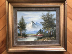 Tablou ,pictura veche franceza,in ulei pe panza,peisaj montan,cabana foto