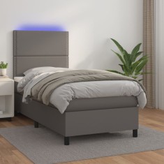 vidaXL Pat cu arcuri, saltea și LED, gri, 90x190 cm, piele ecologică 3135859