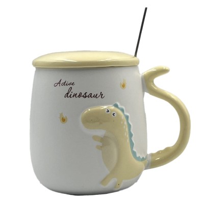 Cana cu capac din ceramica si lingurita Pufo Dyno pentru cafea sau ceai, 400 ml, galben foto