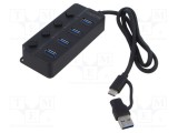 Hub USB 3.2 LOGILINK negru cu 4 porturi USB A și USB C, cablu 0,6m, alimentare externă