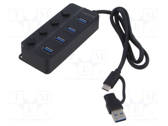 Hub USB 3.2 LOGILINK negru cu 4 porturi USB A și USB C, cablu 0,6m, alimentare externă