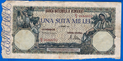 (69) BANCNOTA ROMANIA - 100.000 LEI 1946 (20 DECEMBRIE 1946), FILIGRAN ORIZONTAL foto