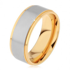 Inel în două culori realizat din oțel inoxidabil, dungă mată, proeminentă în culoare argintie - Marime inel: 60