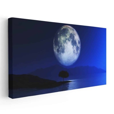 Tablou peisaj nocturn cu copac si luna Tablou canvas pe panza CU RAMA 60x120 cm foto