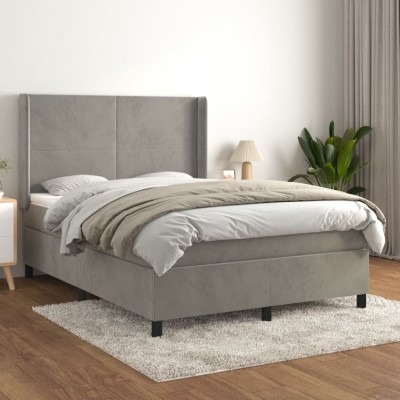 vidaXL Pat box spring cu saltea, gri deschis, 140x200 cm, catifea foto