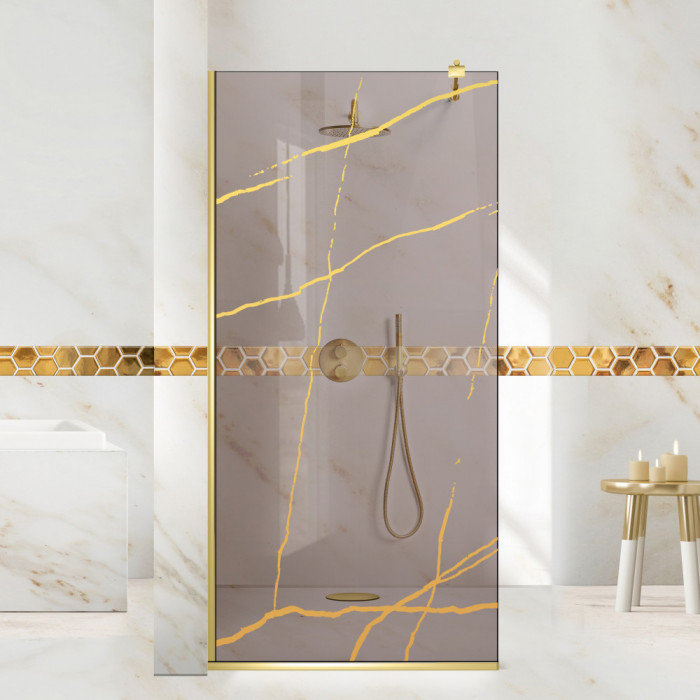 Paravan dus walk-in Aqua Roy Gold, model Marble auriu, sticla 8 mm bronz, securizata, anticalcar, 110x195 cm