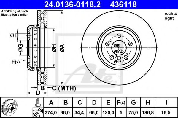 Disc frana BMW Seria 5 (F10, F18) (2009 - 2016) ATE 24.0136-0118.2