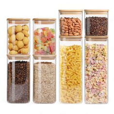 Set 8 Recipiente pătrate din sticlă borosilicată cu capac din bambus etanș Koken, depozitare alimente - 8 Recipiente