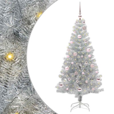 vidaXL Brad de Crăciun cu 150 LED cu suport Argintiu 150 cm PET 3396663 foto