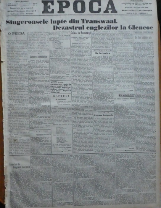 Ziarul Epoca, 15 Octombrie1899; Razboiul anglo - bur, Africa de Sud, Transvaal