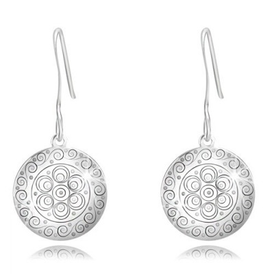 Cercei din argint 925 - cerc lucios cu ornamente rotunde și spiralate foto