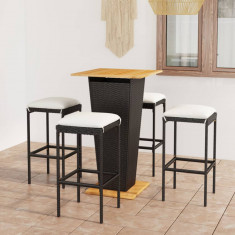 vidaXL Set mobilier bar de grădină cu perne, 5 piese, negru, poliratan