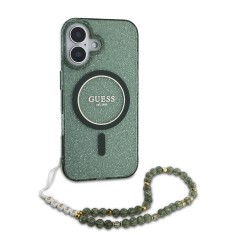Husa iPhone 16 originala Guess IML Glitter with Pearl Strap MagSafe, verde, GUHMP16SHGCRELSA foto