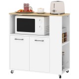 HOMCOM Cărucior de Bucătărie cu Raft Deschis, Dulăpior cu 2 Uși și Raft Lateral pe 2 Niveluri, 75x40x80,5 cm, Alb | Aosom Romania