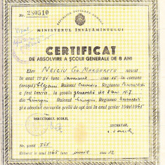 M3 C18 - 1965 - Certificat de absolvire a scolii generale de 8 ani - RPR