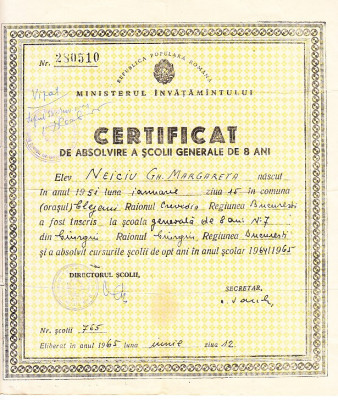 M3 C18 - 1965 - Certificat de absolvire a scolii generale de 8 ani - RPR foto
