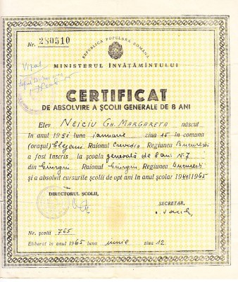 QW13 13 - 1965 - certificat de absolvire a scolii generale de 8 ani - RPR foto