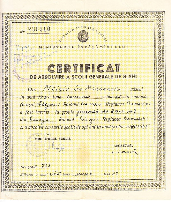 M3 C18 - 1965 - Certificat de absolvire a scolii generale de 8 ani - RPR