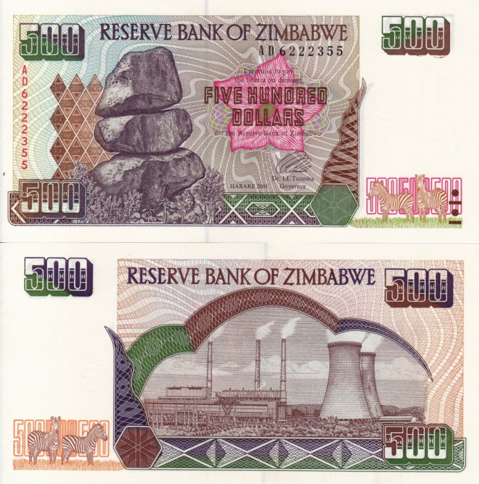 ZIMBABWE 500 dollars 2001 UNC!!!