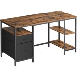 VASAGLE Birou calculator cu 3 rafturi si 2 sertare, cadru metalic, stil industrial, 140x60x76 cm, maro rustic Household NewTrend