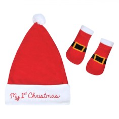 Set Bebelusi Craciun, My 1st Christmas, Caciulita si Sosete, Culoare Rosu Alb, 0-6 Luni, Bumbac