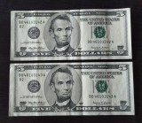 Lot 2 bancnote serie consecutiva SUA - 5 Dollars 1999 - BB - New York