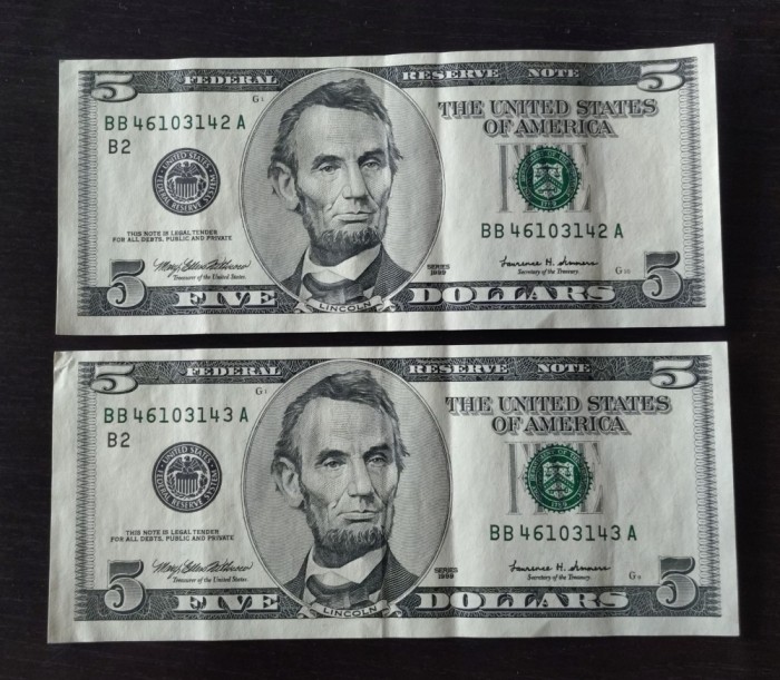Lot 2 bancnote serie consecutiva SUA - 5 Dollars 1999 - BB - New York