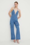 Bardot salopeta jeans cu decolteu in v