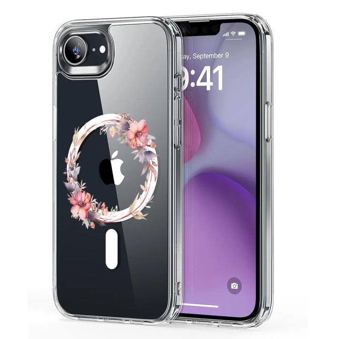 Husa pentru iphone 16e, atasare magnetica, magsafe, pink wreath 8, clear