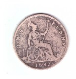 Moneda Marea Britanie 1 penny 1882 H, uzata, curata, Europa, Bronz