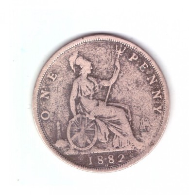 Moneda Marea Britanie 1 penny 1882 H, uzata, curata foto