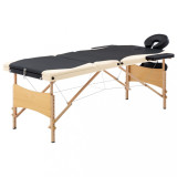 VidaXL Masă de masaj pliabilă, 3 zone, negru și bej, lemn