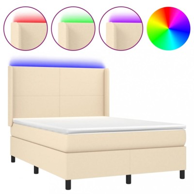 Pat cu arcuri, saltea si LED, crem, 140x190 cm, textil foto
