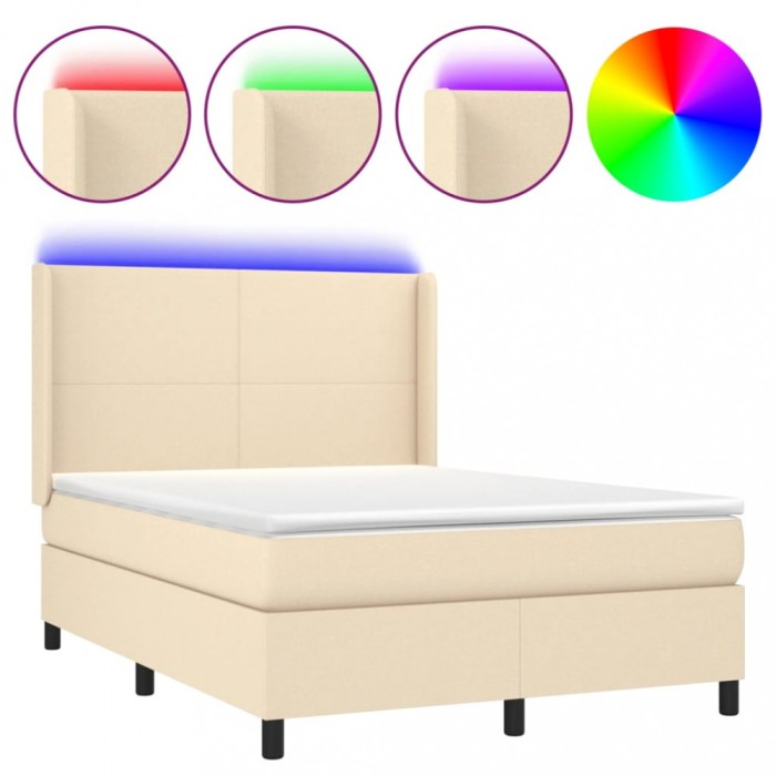 Pat cu arcuri, saltea si LED, crem, 140x190 cm, textil