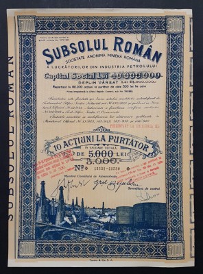 Actiune de petrol soc. Subsolul roman , 1940 , titlu de 10 actiuni la purtator foto