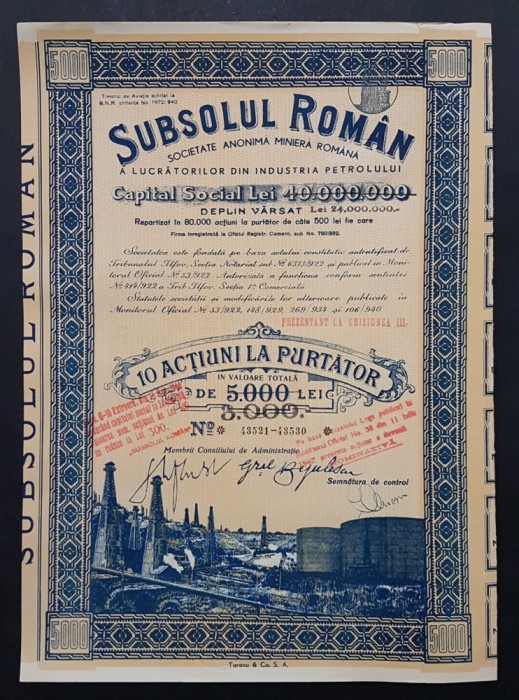 Actiune de petrol soc. Subsolul roman , 1940 , titlu de 10 actiuni la purtator