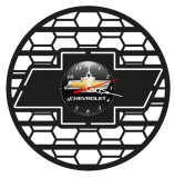 Ceas de perete decorativ realizat din disc de vinil, Model Sigla Chevrolet si Grila Fagure Auto, Negru, 30 cm