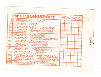 Bilet concurs PRONOSPORT 16 martie 1986, necompletat foto