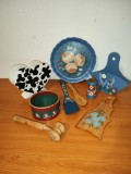 Lot 9 piese ustensile din lemn decor bucatarie pictate realizate manual vechi farfurie cutit unt suport servetele spatula arta Scandinavia